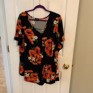 Floral V-Neck Black Top with Orange Sunflower Print